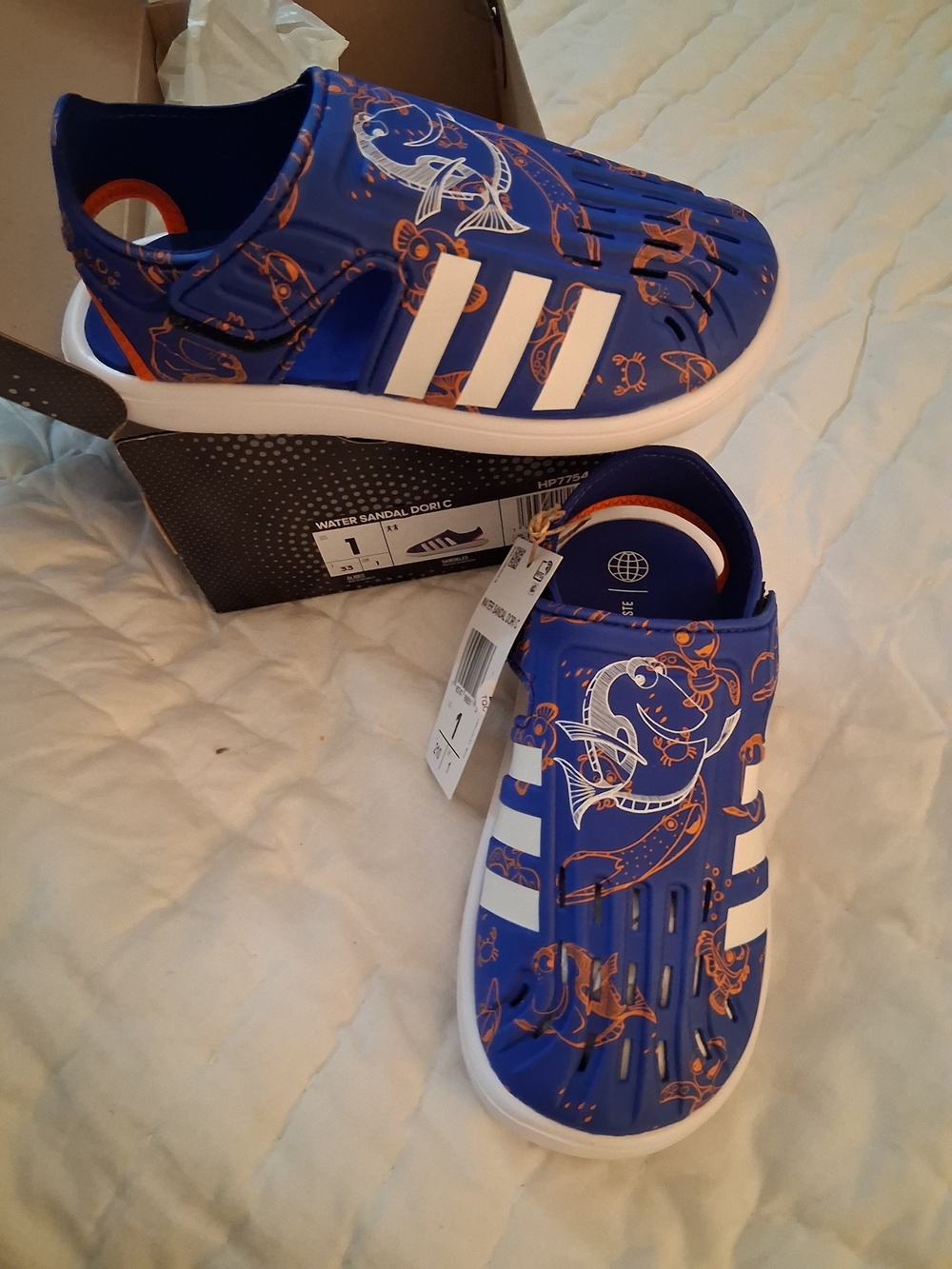 Disney Adidas Dori Kids Blue Water Sandals with Orange Fish Print